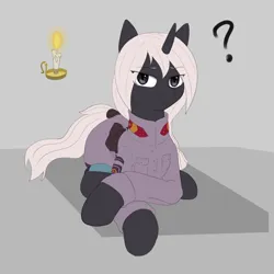 Size: 2500x2500 | Tagged: safe, artist:unchivalrous, derpibooru import, oc, oc:psalm, unofficial characters only, unicorn, fallout equestria, fallout equestria: project horizons, black coat, clothes, cutie mark, fanfic art, horn, image, png, solo, unicorn oc, uniform, white hair