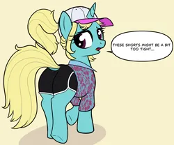 Size: 3000x2500 | Tagged: suggestive, artist:axlearts, derpibooru import, oc, oc:seafoam breeze, unofficial characters only, pony, unicorn, cameltoe, cap, clothes, female, hat, horn, image, looking back, mare, png, raised hoof, shirt, shorts, solo, solo female, speech bubble