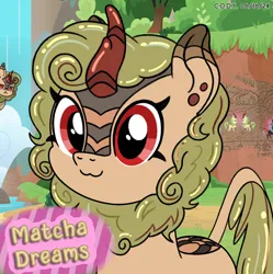 Size: 1980x1986 | Tagged: safe, artist:codenamekid, derpibooru import, oc, oc:matcha dreams, unofficial characters only, kirin, nirik, :3, :<, cute, highlights, horn, image, kirin grove, kirin oc, looking at someone, looking at you, mural, png, scales, smol, solo, text, tree, water, waterfall