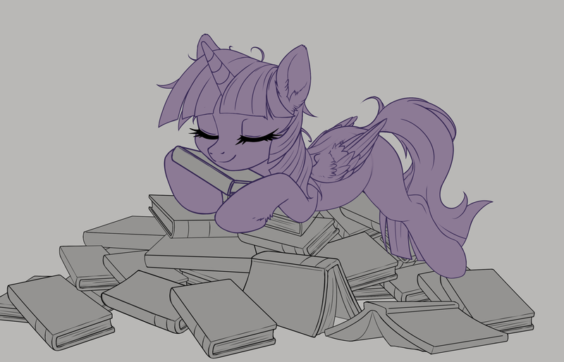 Size: 2800x1800 | Tagged: safe, artist:zetamad, derpibooru import, twilight sparkle, alicorn, pony, atg 2024, book, bookhorse, image, lineart, newbie artist training grounds, pile of books, png, solo, that pony sure does love books