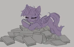 Size: 2800x1800 | Tagged: safe, artist:zetamad, derpibooru import, twilight sparkle, alicorn, pony, atg 2024, book, bookhorse, image, lineart, newbie artist training grounds, pile of books, png, solo, that pony sure does love books