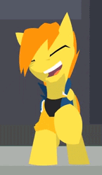 Size: 230x397 | Tagged: safe, artist:captainhoers, edit, spitfire, pegasus, pony, firestarter spitfire, spitfire's day off, alternate hairstyle, animated, dancing, eyes closed, female, gif, grin, hooves, image, lineless, mare, open mouth, prancing, raised hoof, raised leg, running, running in place, singing, smiling, solo, trotting, trotting in place