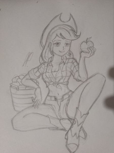 Size: 3456x4608 | Tagged: safe, artist:kenuma, derpibooru import, applejack, human, equestria girls, g4, apple, boots, clothes, female, food, hat, humanized, image, jpeg, shirt, shoes, shorts, sketch, solo, traditional art