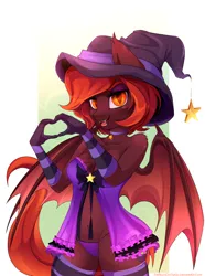 Size: 2562x3440 | Tagged: suggestive, artist:thenornonthego, derpibooru import, oc, oc:love charm, unofficial characters only, anthro, bat pony, anthro oc, bat pony oc, bat wings, belly, belly button, breasts, chest fluff, clothes, collar, evening gloves, fangs, female, gloves, hat, heart hands, high res, image, jewelry, lingerie, long gloves, looking at you, nightgown, open mouth, open smile, panties, pendant, png, slit pupils, smiling, smiling at you, socks, solo, solo female, spread wings, stockings, striped socks, striped stockings, thigh highs, underwear, wings, witch hat