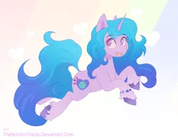 Size: 3173x2500 | Tagged: safe, artist:thenornonthego, derpibooru import, izzy moonbow, pony, unicorn, g5, abstract background, female, heart, high res, horn, image, looking back, mare, open mouth, open smile, png, smiling, solo, tail, unshorn fetlocks