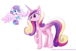 Size: 3000x2001 | Tagged: safe, artist:thenornonthego, derpibooru import, princess cadance, princess flurry heart, alicorn, pony, g4, spoiler:s06, duo, duo female, female, filly, flying, foal, folded wings, high res, horn, image, looking at each other, looking at someone, mama cadence, mare, mother and child, mother and daughter, open mouth, open smile, png, profile, raised hoof, simple background, size difference, smiling, smiling at each other, spread wings, white background, wings