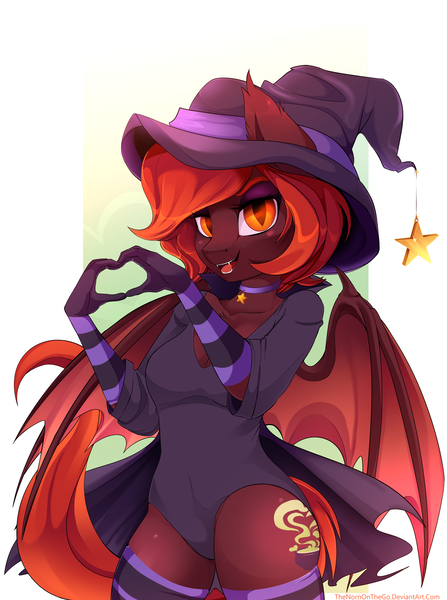 Size: 2562x3440 | Tagged: safe, artist:thenornonthego, derpibooru import, oc, oc:love charm, unofficial characters only, anthro, bat pony, bat pony oc, bat wings, breasts, clothes, collar, evening gloves, fangs, female, gloves, hat, heart hands, high res, image, leotard, long gloves, looking at you, open mouth, open smile, png, slit pupils, smiling, smiling at you, socks, solo, spread wings, stockings, striped socks, striped stockings, thigh highs, wings, witch hat