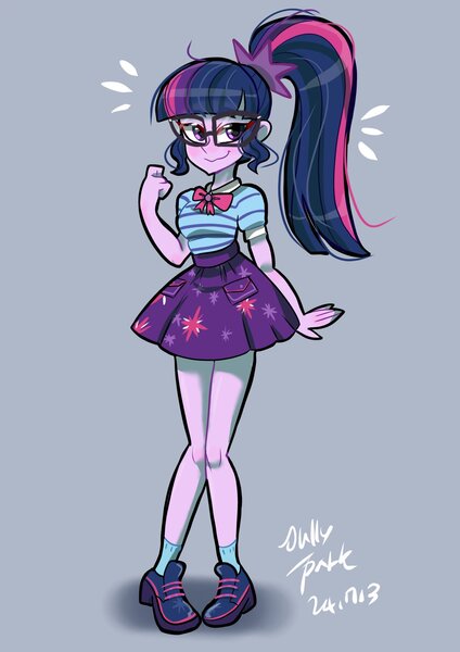 Size: 1240x1754 | Tagged: safe, artist:jully-park, derpibooru import, sci-twi, twilight sparkle, equestria girls, g4, grin, image, jpeg, nervous, nervous grin, pigeon toed, signature, simple background, smiling, solo