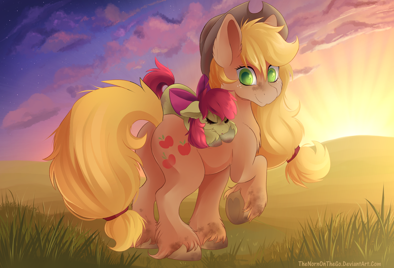 Size: 3000x2048 | Tagged: safe, artist:thenornonthego, derpibooru import, apple bloom, applejack, earth pony, pony, g4, apple bloom riding applejack, apple bloom's bow, apple sisters, applejack's hat, bow, cloud, cowboy hat, duo, duo female, eyes closed, female, filly, foal, freckles, grass, hair bow, hat, high res, hoof heart, image, mare, outdoors, png, ponies riding ponies, raised hoof, riding, riding a pony, siblings, sisters, sky, sleeping, smiling, sunset, tail, underhoof, unshorn fetlocks