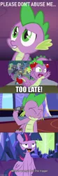 Size: 500x1506 | Tagged: semi-grimdark, artist:emositecc, derpibooru import, edit, edited screencap, ponybooru import, screencap, spike, twilight sparkle, twilight sparkle (alicorn), alicorn, dragon, pony, father knows beast, g4, horse play, abuse, curtains, doraemon, female, friendship castle, gun, handgun, image, imgflip, jpeg, male, out of character, reference, revolver, sad, spikeabuse, stage, suicide, text, tomatoes, weapon