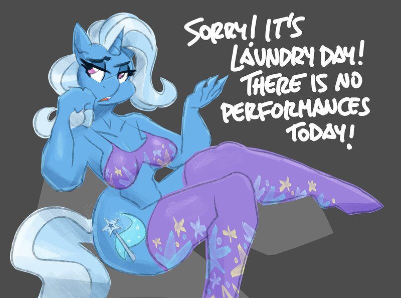 Size: 3000x2227 | Tagged: suggestive, artist:flutterthrash, derpibooru import, trixie, anthro, plantigrade anthro, unicorn, g4, big breasts, bottomless, bra, breasts, busty trixie, clothes, dialogue, female, gray background, hand on chin, hatless, horn, image, jpeg, missing accessory, partial nudity, simple background, sitting, socks, solo, solo female, thigh highs, thighs, thunder thighs, underwear, wide hips
