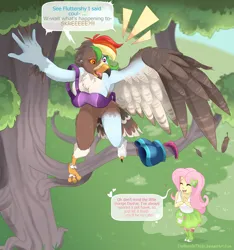 Size: 2789x2975 | Tagged: suggestive, artist:thenornonthego, derpibooru import, fluttershy, rainbow dash, bird, hawk, human, equestria girls, g4, assisted exposure, clasped hands, dialogue, duo, duo female, eyes closed, female, grass, heart, high res, image, open mouth, open smile, outdoors, png, shocked expression, smiling, species swap, speech bubble, transformation, tree, tree branch