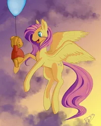 Size: 2000x2500 | Tagged: safe, artist:thenornonthego, derpibooru import, fluttershy, bear, pegasus, pony, g4, balloon, crossover, duo, duo male and female, female, flying, high res, image, looking at someone, male, mare, open mouth, open smile, png, sky, smiling, spread wings, tail, wings, winnie the pooh