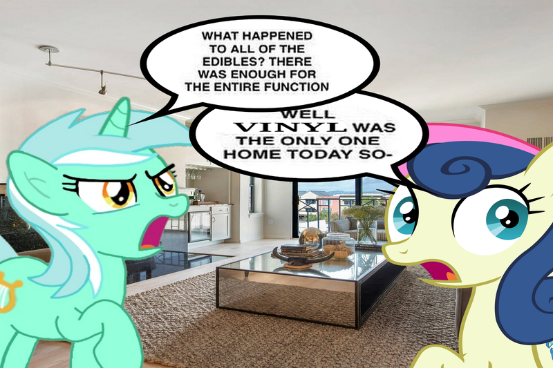 Size: 1920x1280 | Tagged: safe, artist:epicheavytf2, artist:pyrogaming, derpibooru import, bon bon, lyra heartstrings, sweetie drops, earth pony, pony, unicorn, absolutenutcase162, angry, background pony, conversation, couch, duo, duo female, female, horn, image, implied drug use, implied drugs, implied vinyl scratch, irl, living room, looking back, mare, meme, photo, png, shitposting, speech bubble, talking, text, wrong aspect ratio