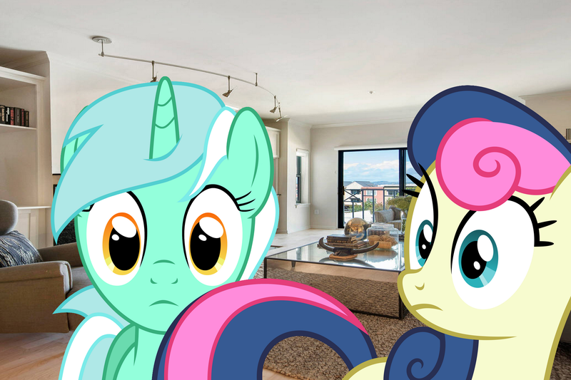 Size: 1920x1280 | Tagged: safe, artist:epicheavytf2, artist:pyrogaming, derpibooru import, bon bon, lyra heartstrings, sweetie drops, earth pony, pony, unicorn, absolutenutcase162, background pony, couch, female, horn, image, irl, living room, mare, meme, photo, png, shitposting, wrong aspect ratio