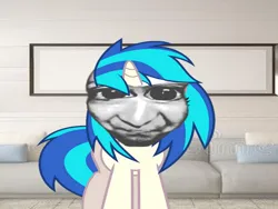 Size: 800x600 | Tagged: safe, artist:epicheavytf2, artist:pyrogaming, derpibooru import, vinyl scratch, pony, unicorn, g4, absolutenutcase162, ao oni, couch, female, high as a kite, high as fuck, horn, image, irl, living room, looking at you, mare, meme, photo, png, shitposting, solo, wrong aspect ratio