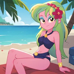 Size: 1024x1024 | Tagged: safe, ai content, derpibooru import, machine learning generated, prompter:harvydraws, stable diffusion, lemon zest, human, equestria girls, g4, beach towel, bedroom eyes, bikini, clothes, cooler, cute, flower, flower in hair, generator:pony diffusion v6 xl, image, jpeg, ocean, palm tree, sand, sexy, show accurate, sitting, solo, swimsuit, towel, tree, water