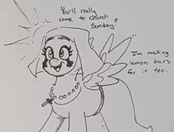 Size: 2048x1567 | Tagged: safe, artist:pony quarantine, derpibooru import, oc, oc:sister slappy, unofficial characters only, pegasus, pony, clown, cross, cross necklace, dialogue, female, grayscale, image, jewelry, jpeg, mare, monochrome, necklace, nun, open mouth, open smile, pen drawing, smiling, solo, spread wings, traditional art, wings