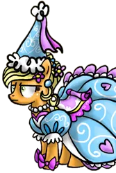 Size: 444x663 | Tagged: safe, derpibooru import, applejack, earth pony, pony, g4, applejack is not amused, bow, clothes, concerned, confused, curious, dress, ear piercing, flower, flower in hair, froufrou glittery lacy outfit, hat, hennin, image, jewelry, necklace, piercing, png, princess, princess applejack, puffy sleeves, simple background, transparent background, unamused, wat, wut face