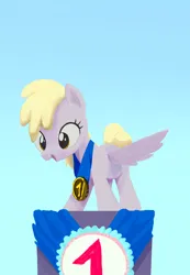 Size: 1416x2048 | Tagged: safe, artist:mandumustbasukanemen, derpibooru import, derpy hooves, pony, atg 2024, female, filly, filly derpy hooves, foal, happy, image, jpeg, medal, newbie artist training grounds, number one, podium, solo