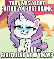 Size: 998x1080 | Tagged: safe, derpibooru import, edit, edited screencap, screencap, potion nova, pony, unicorn, meet potion nova!, my little pony: pony life, spoiler:pony life s01e10, bedroom eyes, bronybait, caption, female, horn, image, image macro, jpeg, lidded eyes, love potion, mare, smiling, text, waifu