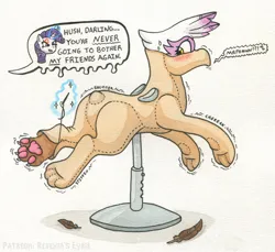 Size: 2004x1838 | Tagged: safe, artist:icaron, derpibooru import, gilda, rarity, gryphon, pony, unicorn, bondage, cross-popping veins, emanata, encasement, female, horn, image, inanimate tf, mannequin, mannequin tf, petrification, png, sewing, speech bubble, transformation