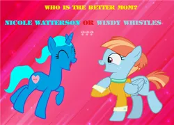 Size: 4232x3040 | Tagged: safe, artist:memeartboi, derpibooru import, windy whistles, oc, ponified, pegasus, pony, unicorn, g4, beautiful, clothed ponies, clothes, cute, debate, discussion, duo, duo female, female, happy, heart, horn, image, jpeg, mare, mother, motherly, nicole watterson, pegasus mom dash, pegasus wings, shirt, smiling, standing, the amazing world of gumball, unicorn oc, vote, who would win, windybetes, wings