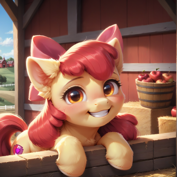 Size: 1488x1488 | Tagged: safe, ai content, derpibooru import, generator:bluefox mix, machine learning generated, prompter:adorablebluefox, stable diffusion, apple bloom, earth pony, pony, g4, adorabloom, apple, apple basket, apple bloom's bow, apple tree, barn, basket, beautiful, bow, building, cheek fluff, chest fluff, cloud, cute, cutie mark, detailed, ear fluff, eyebrows, eyelashes, farm, female, fence, filly, fluffy, foal, food, fruit, hair bow, happy, hay, hay bale, image, leg fluff, looking at you, mare, png, pretty, smiling, smiling at you, solo, sweet apple acres, tail, teeth, tree