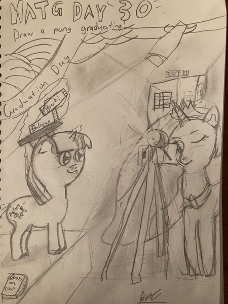 Size: 3024x4032 | Tagged: safe, artist:goldenmidnight, derpibooru import, princess celestia, twilight sparkle, pony, book, camera, camera flashes, female, filly, filly twilight sparkle, image, jpeg, monochrome, newbie artist training grounds, open door, spotlight, traditional art, younger