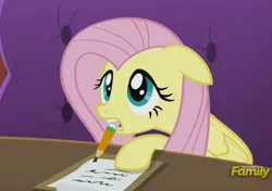 Size: 800x563 | Tagged: safe, screencap, fluttershy, pegasus, pony, g4, viva las pegasus, cute, daaaaaaaaaaaw, female, floppy ears, hnnng, image, mare, mouth hold, paper, pencil, png, shyabetes, writing