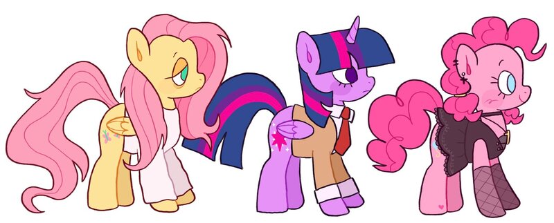 Size: 2048x828 | Tagged: safe, artist:alexbeeza, derpibooru import, fluttershy, pinkie pie, twilight sparkle, twilight sparkle (alicorn), alicorn, earth pony, pegasus, pony, death note, female, image, jpeg, l, light yagami, mare, misa amane, profile, simple background, white background