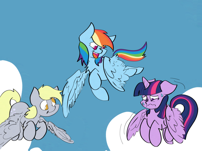 Size: 4800x3600 | Tagged: safe, artist:ponny, derpibooru import, derpy hooves, rainbow dash, twilight sparkle, twilight sparkle (alicorn), alicorn, pegasus, pony, cloud, colored, female, flapping wings, flying, image, mare, png, shivering, sky, sweat, wings