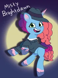 Size: 1323x1780 | Tagged: safe, artist:prixy05, derpibooru import, pony, unicorn, g5, my little pony: tell your tale, bracelet, dark background, fedora, female, friendship bracelet, hat, horn, image, jewelry, mare, misty brightdawn, name, necktie, png, rebirth misty, solo