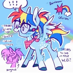 Size: 2048x2048 | Tagged: safe, artist:alexbeeza, derpibooru import, rainbow dash, pegasus, pony, alternate design, bandana, female, glasses, high res, image, jpeg, mare, nerd, open mouth, open smile, ponytail, redesign, smiling, solo, twitterina design, virtue signalling