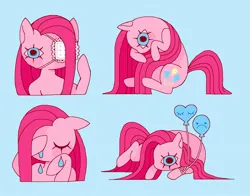 Size: 1804x1416 | Tagged: safe, artist:kuromimittenz, derpibooru import, pinkie pie, earth pony, pony, balloon, blue background, crying, eyepatch, female, image, jpeg, lying down, mare, pinkamena diane pie, prone, simple background, sitting, solo