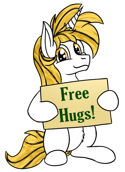 Size: 1840x2529 | Tagged: safe, derpibooru import, oc, oc:srok, unofficial characters only, pony, unicorn, free hugs, horn, image, png, sign, simple background, sitting, solo