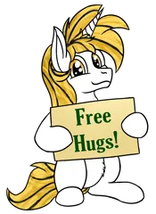 Size: 1840x2529 | Tagged: safe, derpibooru import, oc, oc:srok, unofficial characters only, pony, unicorn, free hugs, horn, image, png, sign, simple background, sitting, solo