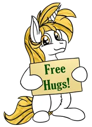 Size: 1840x2529 | Tagged: safe, derpibooru import, oc, oc:srok, unofficial characters only, pony, unicorn, free hugs, horn, image, png, sign, simple background, sitting, solo