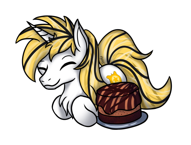 Size: 1995x1517 | Tagged: safe, derpibooru import, oc, oc:srok, unofficial characters only, pony, unicorn, cake, food, horn, image, lying down, png, ponyloaf, prone, simple background, solo