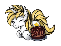 Size: 1995x1517 | Tagged: safe, derpibooru import, oc, oc:srok, unofficial characters only, pony, unicorn, cake, food, horn, image, lying down, png, ponyloaf, prone, simple background, solo