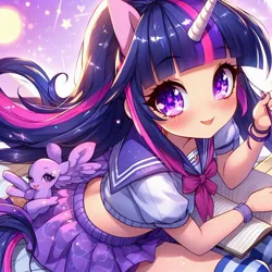 Size: 1024x1024 | Tagged: safe, ai content, derpibooru import, machine learning generated, human, pegasus, pony, unicorn, anime, bald, bangs, blushing, book, bow, bracelet, clothes, female, generator:bing image creator, generator:dall-e 3, happy, horn, humanized, image, jewelry, jpeg, long socks, looking at you, morning, outdoors, pony ears, school uniform, short shirt, short sleeves, sitting, skirt, smiling, socks, stars, sun, wings