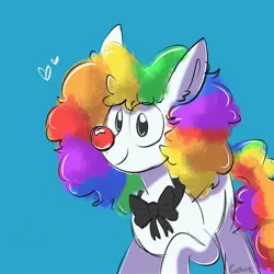 Size: 2048x2048 | Tagged: safe, artist:cupute, derpibooru import, oc, ponified, unofficial characters only, earth pony, pony, g4, 2024, artfight, artfight 2024, black eye, blank flank, blue background, bowtie, clown, clown nose, clown wig, curly hair, curly mane, curly tail, ear fluff, halfbody, heart, image, jpeg, long ears, looking at you, multicolored hair, rainbow hair, red nose, shading, shiny, shiny mane, silly, silly pony, simple background, tail, white coat