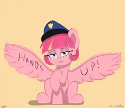 Size: 2300x2000 | Tagged: safe, artist:psychotix, derpibooru import, oc, oc:sweet serving, unofficial characters only, pegasus, pony, eyeshadow, image, lidded eyes, looking at you, makeup, pegasus oc, png, police, police hat, police officer, police pony, raised hoof, simple background, smiling, smirk, spread wings, wings, writing