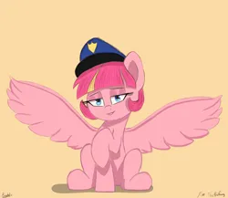 Size: 2300x2000 | Tagged: safe, alternate version, artist:psychotix, derpibooru import, oc, oc:sweet serving, unofficial characters only, pegasus, pony, eyeshadow, image, lidded eyes, looking at you, makeup, pegasus oc, png, police, police hat, police officer, police pony, raised hoof, simple background, smiling, smirk, spread wings, wings