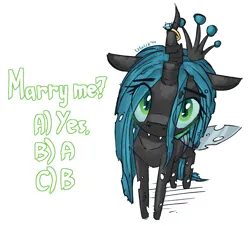 Size: 1548x1400 | Tagged: safe, artist:uteuk, derpibooru import, queen chrysalis, changeling, changeling queen, blushing, female, image, jewelry, looking at you, png, ring, wedding ring