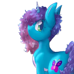 Size: 2048x2048 | Tagged: safe, artist:cupute, derpibooru import, unicorn, g5, blue coat, blue fur, chromatic aberration, colored sketch, curly hair, curly mane, curly tail, cute, cutie, doodle, ear fluff, gradient mane, green eyes, halfbody, horn, image, long ears, looking at you, looking to the left, misty brightdawn, mistybetes, multicolored hair, multicolored mane, multicolored tail, ombre hair, png, rebirth misty, shading, shiny mane, sideways glance, simple background, sketch, smiling, smiling at you, tail, transparent background, turned away
