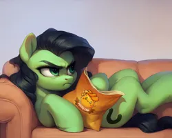 Size: 3200x2560 | Tagged: safe, ai content, derpibooru import, machine learning generated, prompter:derp621, stable diffusion, oc, oc:anonfilly, unofficial characters only, pony, chips, couch, female, filly, filly anon is not amused, food, frown, generator:pony diffusion v6 xl, grumpy, image, jpeg, looking offscreen, lying down, on back, potato chips, prompt in description, unamused