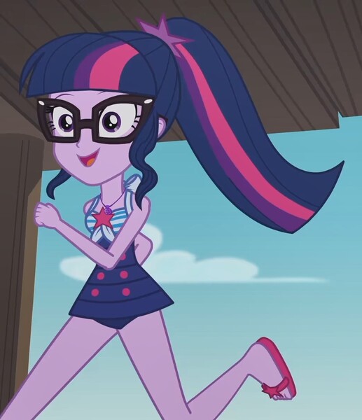 Size: 930x1079 | Tagged: safe, derpibooru import, screencap, sci-twi, twilight sparkle, equestria girls, equestria girls series, g4, x marks the spot, blue hair, clothes, cloud, dock, glasses, image, jpeg, my little pony equestria girls: better together, one-piece swimsuit, open mouth, open smile, pink and purple streaks, ponytail, purple eyes, purple skin, running, sandals, sci-twi swimsuit, sky, sleeveless, smiling, solo, swimsuit, tail