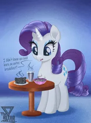 Size: 1700x2300 | Tagged: safe, artist:theretroart88, derpibooru import, rarity, pony, unicorn, g4, sisterhooves social, 2d, bowl, breakfast, burnt, cutie mark, dialogue, eyeshadow, female, glass, grainy, horn, image, implied sweetie belle, makeup, open mouth, plate, png, solo, table