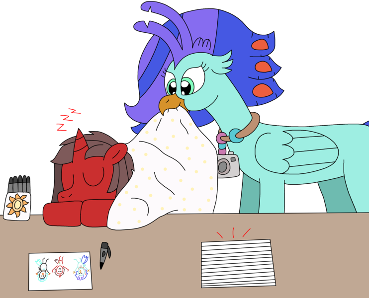 Size: 2630x2127 | Tagged: safe, artist:supahdonarudo, derpibooru import, oc, oc:ironyoshi, oc:sea lilly, unofficial characters only, classical hippogriff, hippogriff, unicorn, atg 2024, blanket, camera, horn, image, jewelry, mouth hold, necklace, newbie artist training grounds, onomatopoeia, paper, pen, png, simple background, sleeping, sound effects, table, transparent background, zzz